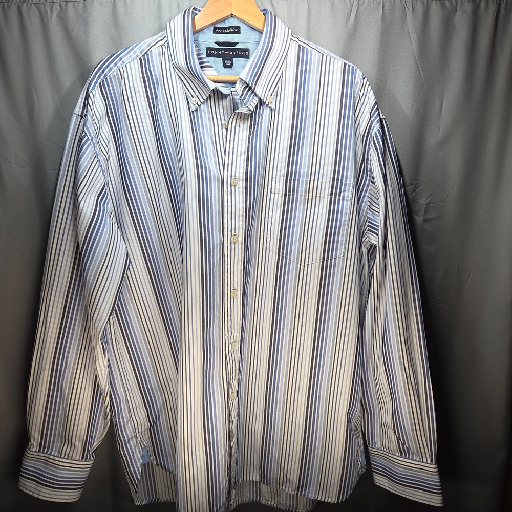 Tommy Hilfiger Shirt Men's XL Blue Stripe Button Down Long Sleeve 2 ply